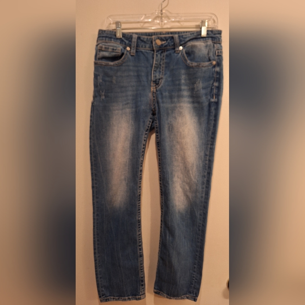 BKE Women's 28 Blue Stella Mid Rise Slim Fit(Looks More Relaxed)Distressed Jeans
